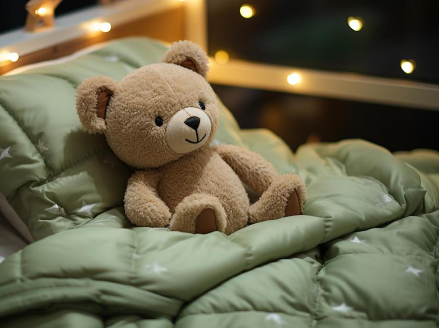 En lysebrun bamse ligger i en seng med grønt sengetøj. Der er hyggelig belysning med lyskæder.